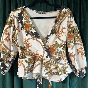 Boohoo Plus Chain Print Off The Shoulder Wrap Top